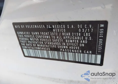 2017 Volkswagen Jetta 1.4T S z USA, uszkodzony, nr VIN 3VW167AJ7HM348225